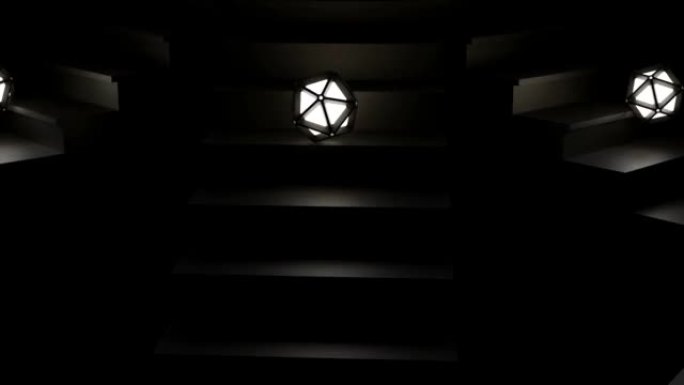 抽象灯笼滚下楼梯，单色。设计。被黑色灯具包围的灯泡在黑暗中坠落。