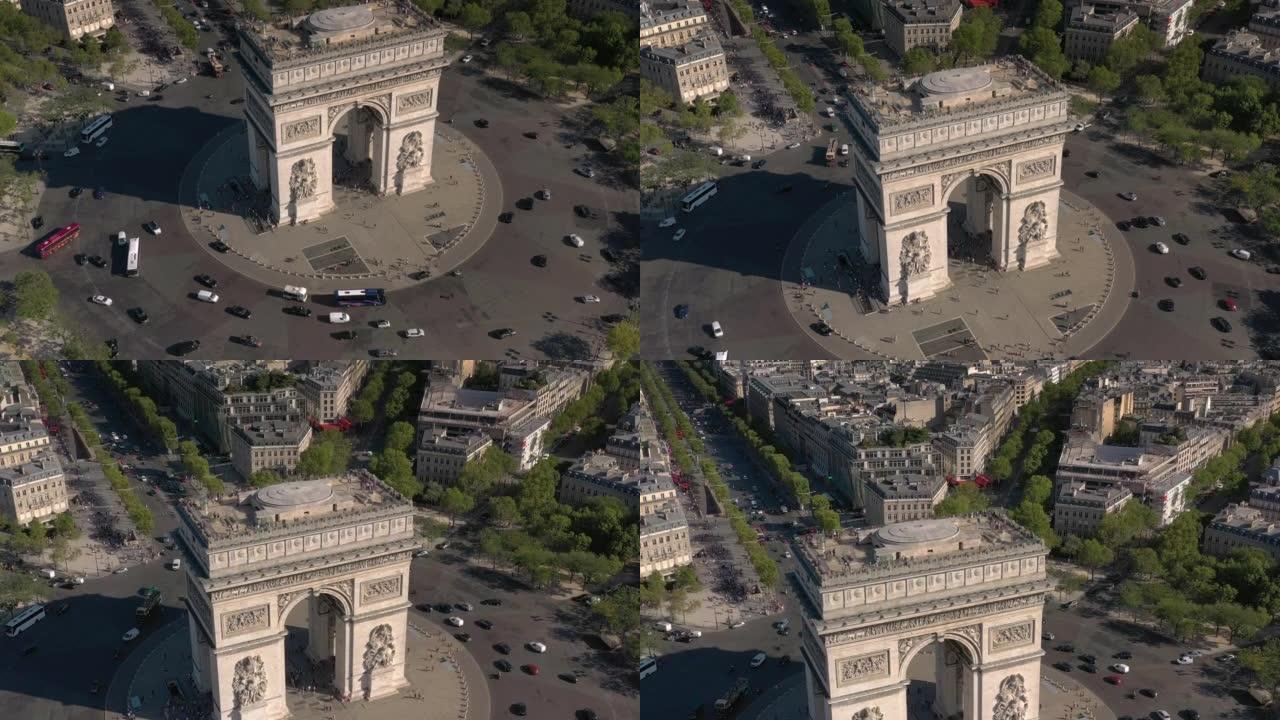 夏日巴黎城市飞行在著名的凯旋拱门广场交通圈空中全景4k法国