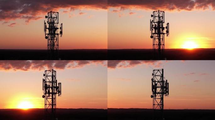 塔式天线电信手机的鸟瞰图，蜂窝5g 4g手机的无线电发射器。蜂窝移动信号提供高速4g和现代5g流量网
