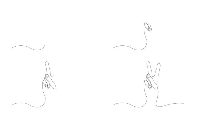 手势和平的自画线动画。连续线绘制胜利概念。