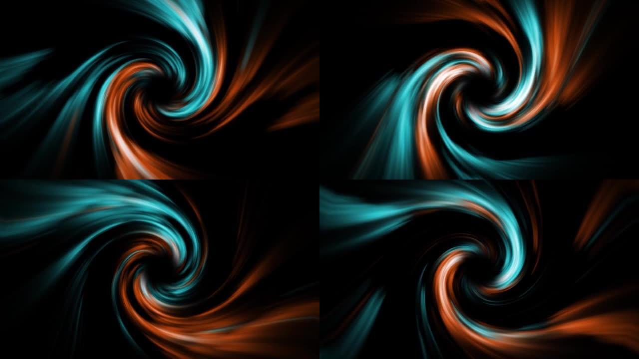 虫洞黑洞橙色蓝色漩涡漩涡动画。五颜六色的隧道灯。未来主义抽象背景。光速、时空串。无缝螺旋。发光螺旋圈