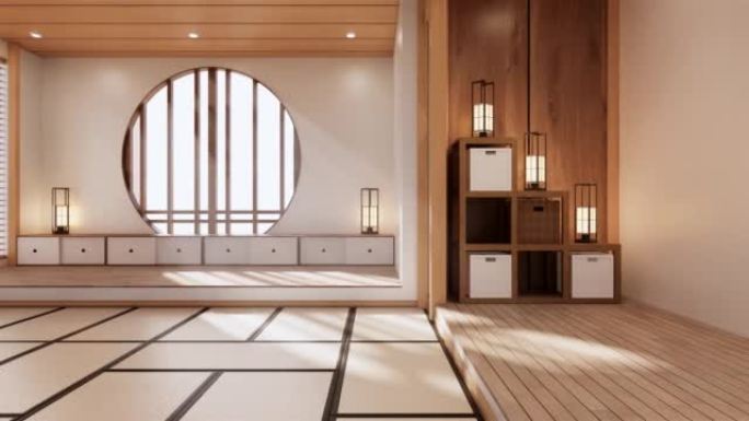 空旷的大殿，亚洲室内清洁室禅宗风格。3D渲染