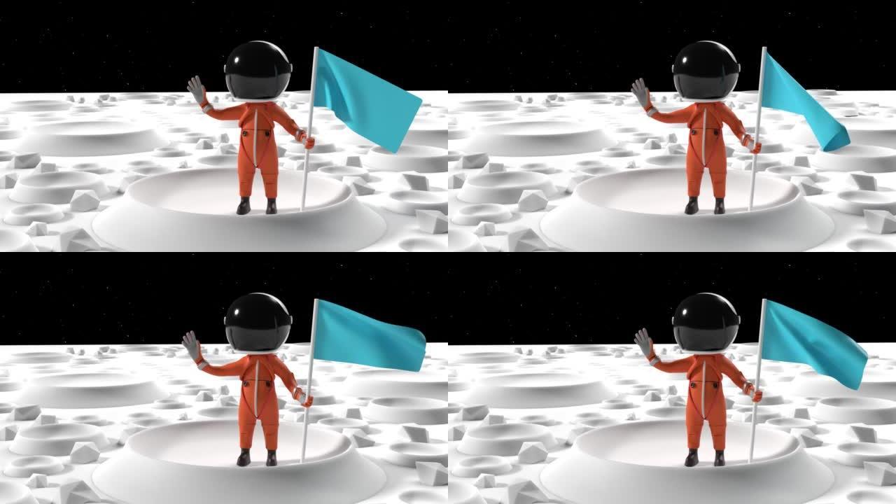 卡通宇航员或宇航员在月球表面手持4k分辨率的蓝旗