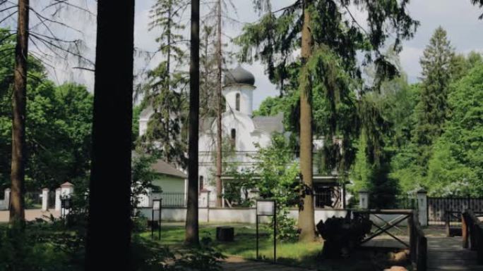 树后有一座白色的东正教教堂。拍摄宗教建筑
