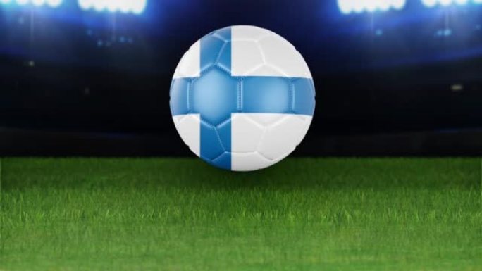 芬兰国旗足球，带灯跳入体育场。足球场和球，4k分辨率，循环-股票视频