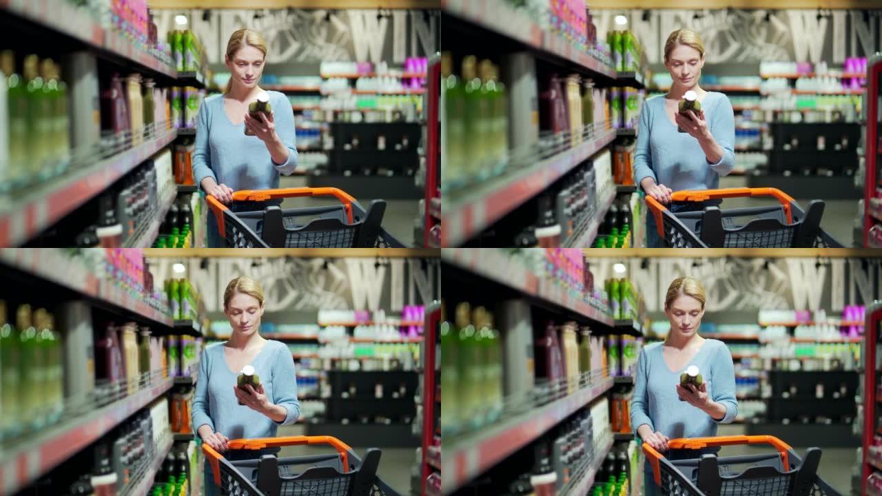 女性在超市货架上挑选和检查产品。储存的家用化学品或身体护理用品洗涤剂。女性顾客背景阅读并检查标签洗发