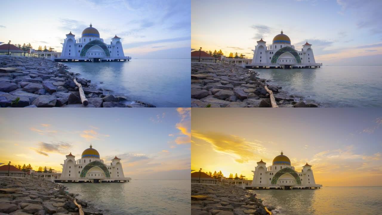 马六甲海峡清真寺4k Timelapse (马六甲清真寺)，马六甲，马来西亚。向上倾斜效果
