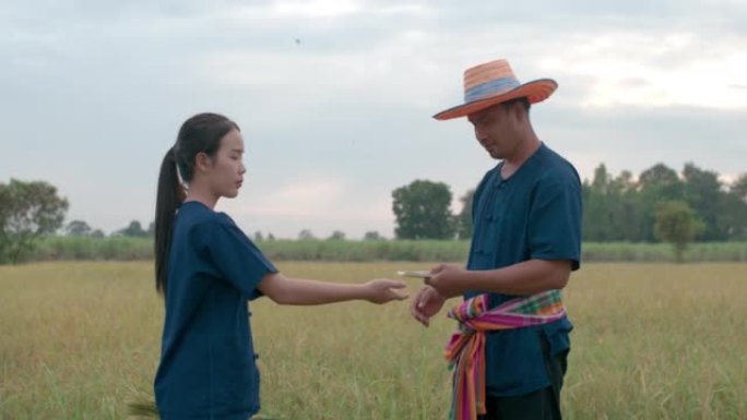 穿蓝色连衣裙戴帽子的亚洲农民男子卖米挣钱
