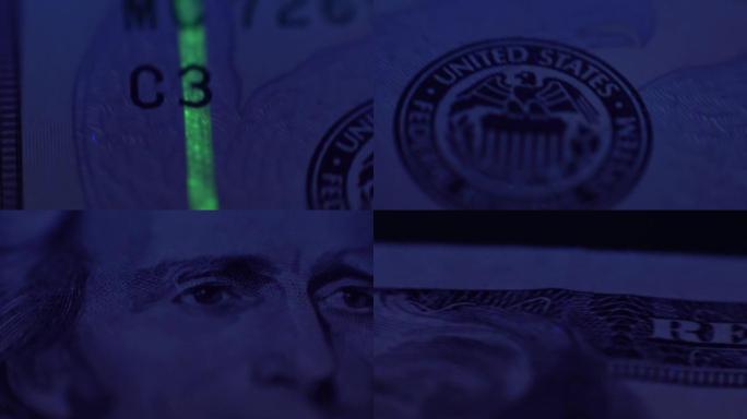 金融家银行家在紫外线下检查纸币。在显微镜和紫外线检测器下的钞票的极端特写视图。放大镜下的美元钞票。