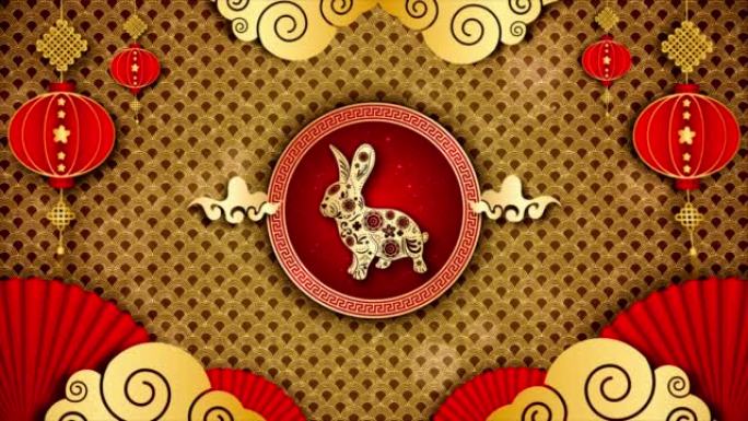 农历新年庆祝背景，中国生肖兔2023，金色和红色的颗粒为中国装饰经典节日背景的节日。