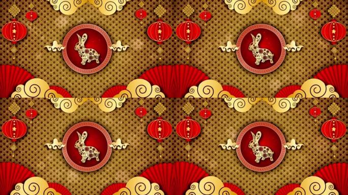 农历新年庆祝背景，中国生肖兔2023，金色和红色的颗粒为中国装饰经典节日背景的节日。