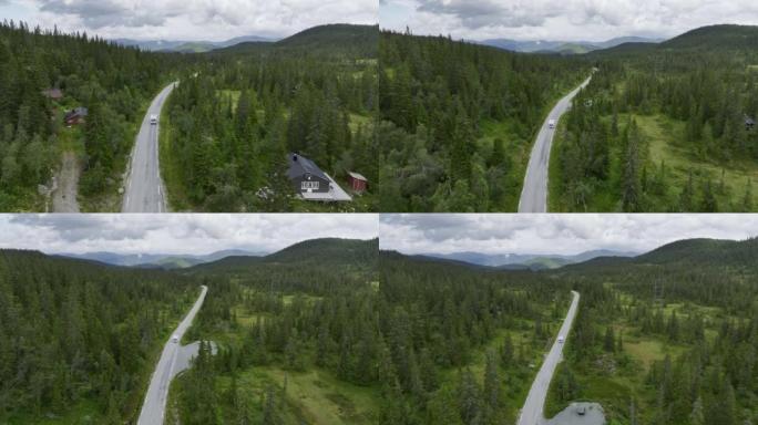 穿越挪威森林的道路的风景鸟瞰图
