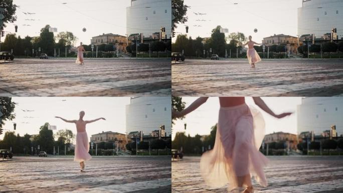 Female ballet dancer jumps high on crosswalk wavin