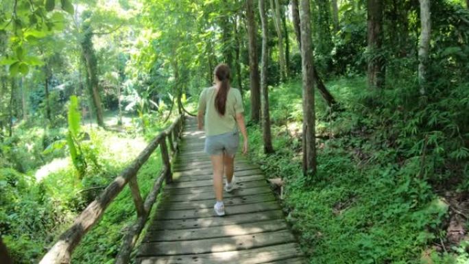 寂静森林中的徒步旅行者。探索荒野的女人