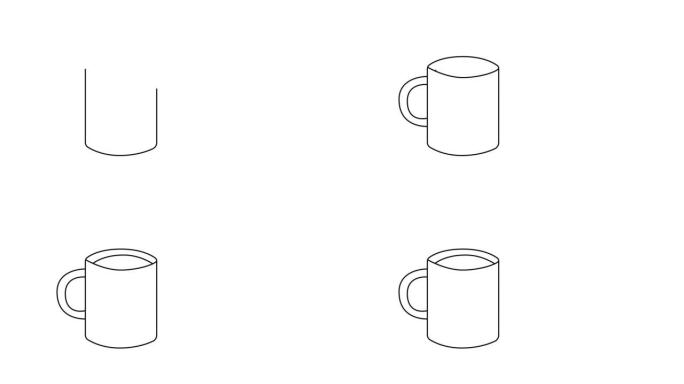 咖啡或茶杯的自画动画。复制空间，线条艺术，阿尔法通道。