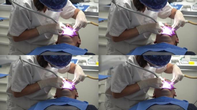 牙科诊所，对患者进行牙髓手术的医生
