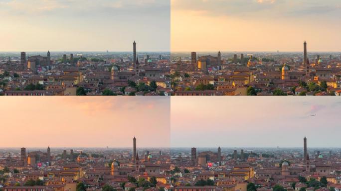 日夜延时，博洛尼亚城市上空移动云层的日落场景，意大利博洛尼亚的两座塔地标