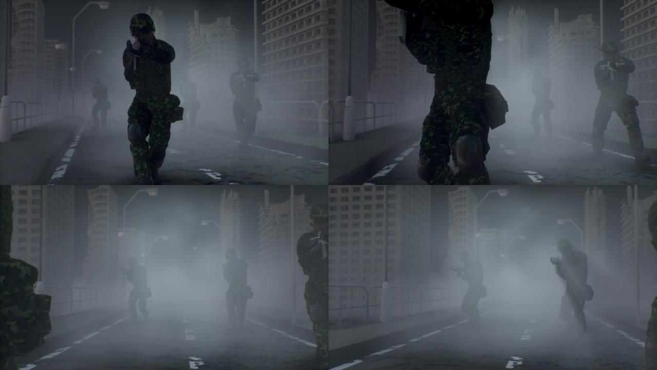 身着迷彩服的士兵在夜晚的雾中穿过废墟，开枪射击。停止战争。3 d动画。
