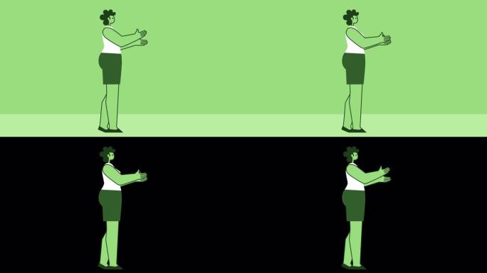 绿色风格的女人扁平人物鼓掌手势。带有Alpha通道的孤立循环动画