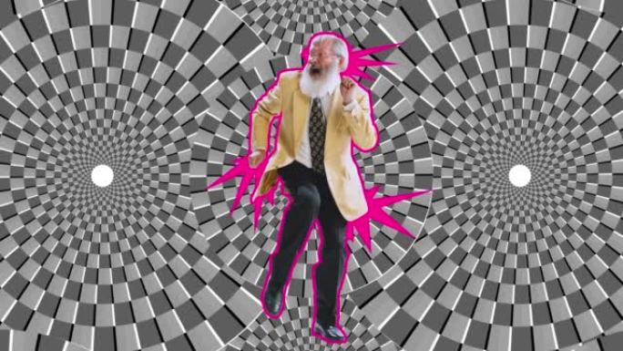 年长的大胡子男子在黑白光学错觉设计背景上跳舞。视错觉、当代艺术、超现实主义、创意概念