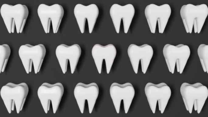 牙痛3D渲染动画在灰色背景。白色健康牙齿模式磨牙与疼痛全国牙医日智齿拔牙口腔护理恢复。牙科保险牙科