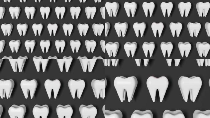 牙痛3D渲染动画在灰色背景。白色健康牙齿模式磨牙与疼痛全国牙医日智齿拔牙口腔护理恢复。牙科保险牙科