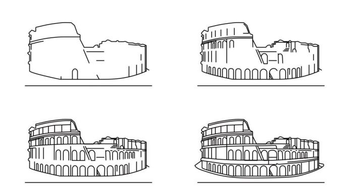 自画线艺术动画。罗马斗兽场轮廓。线艺术。历史旅行概念。复制空间。白色背景。