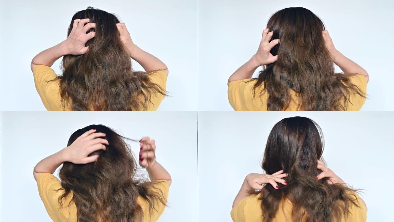 亚洲妇女抓挠头皮造成头皮发痒的后视图。