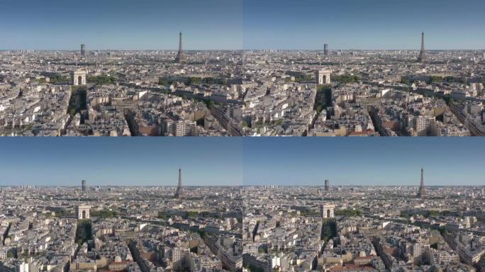 晴天巴黎市著名拱门和塔楼中心区空中全景4k法国