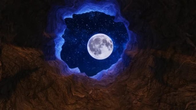 洞穴岩石隧道向充满星星和满月的天空敞开