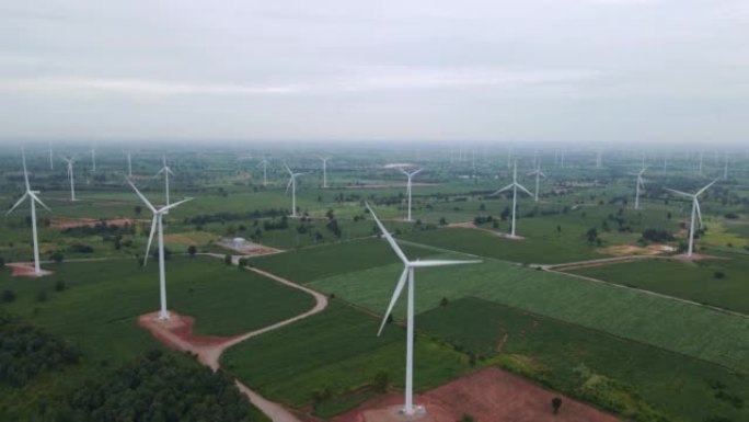 绿色能源风力发电机组的鸟瞰图。