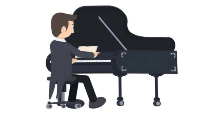 钢琴家。音乐家弹钢琴的动画。卡通