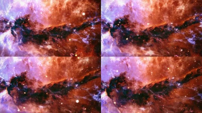 星系太空飞行探索星云Messier16鹰星云。4k循环动画，飞越发光的星云，云和星星场。