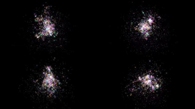 黑色背景上烟花的抽象多彩爆炸，闪亮发光的粒子和星星，混合模式
