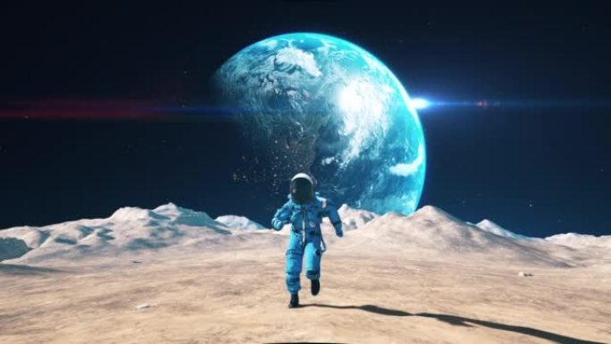 勇敢的宇航员在月球表面的环形山之间奔跑。缓慢的运动。
