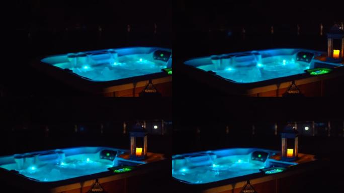 Night scene. A hot tub on a rooftop at night with 