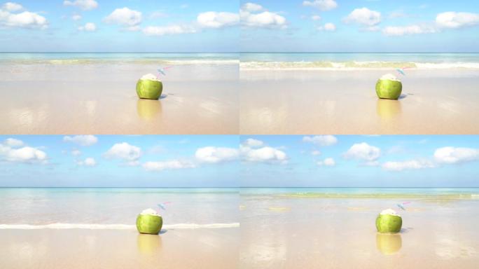椰汁水装饰稻草夏季饮料热带海滩岛。特写