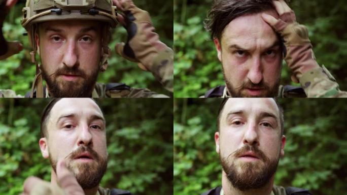 一个满脸胡须、汗流浃背、疲惫不堪的士兵进入镜头的锐利眼神