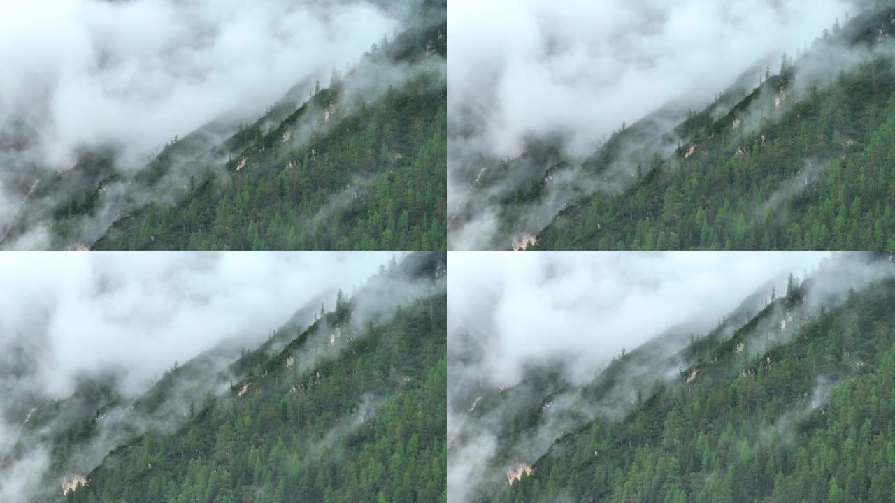 空中无人机拍摄了多洛米蒂与福雷斯，白云岩山脉，白云岩阿尔卑斯山或白云岩阿尔卑斯山的雾状松树树林，是位