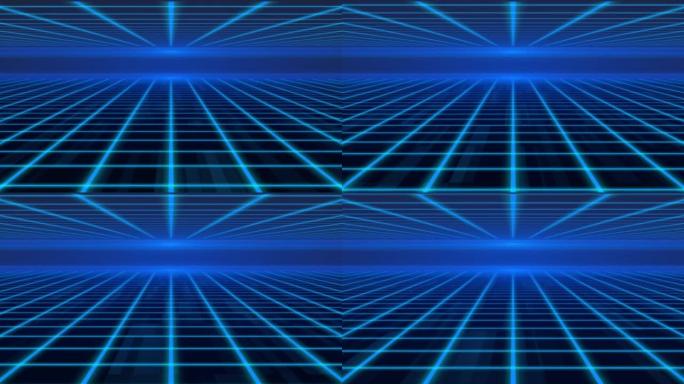 双蓝色retrowave动画发光亮度激光背景，抽象技术水平线紫光发光，银河几何互联网80年代风格海报