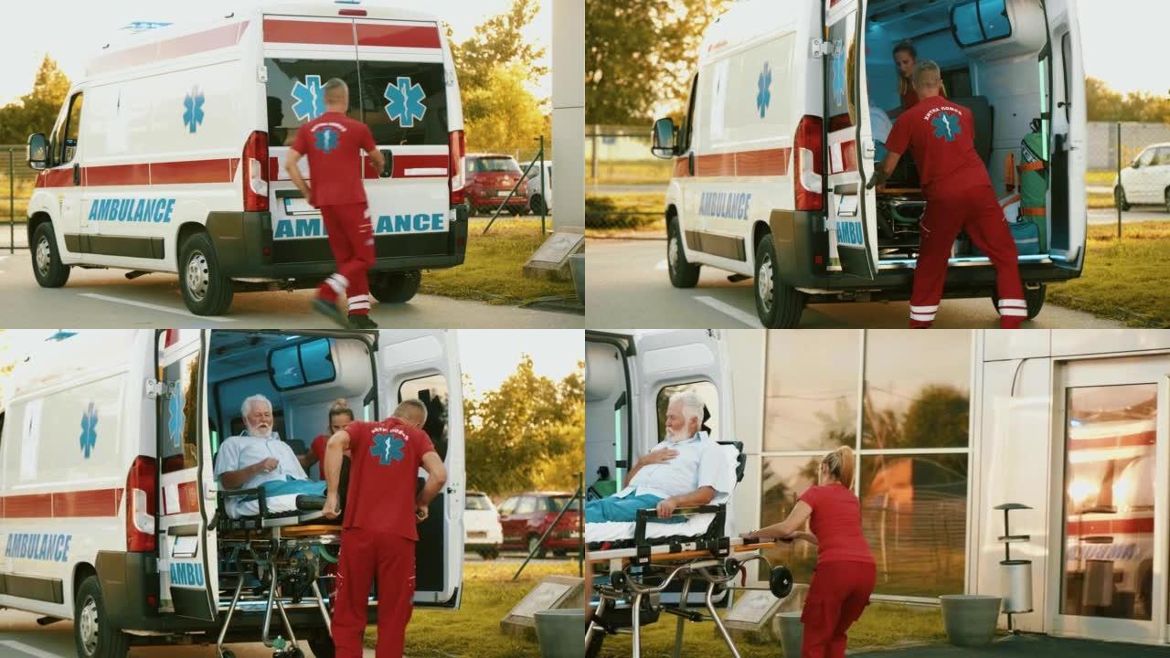 医护人员紧急从救护车上卸下病人，他们迅速将他推上担架到医院