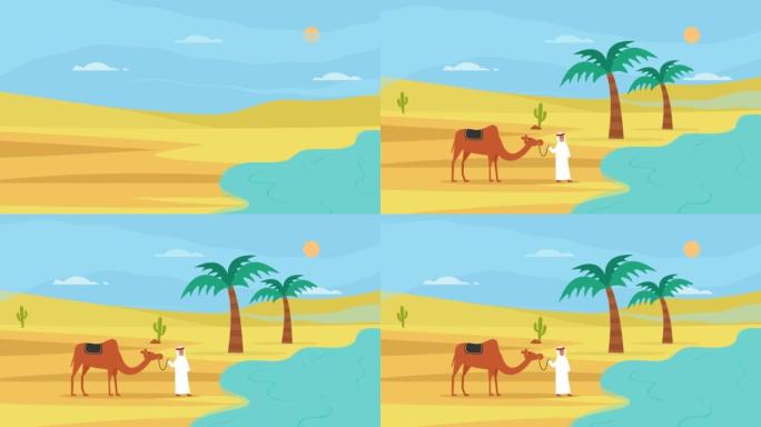 阿拉伯男子带着骆驼走向池塘