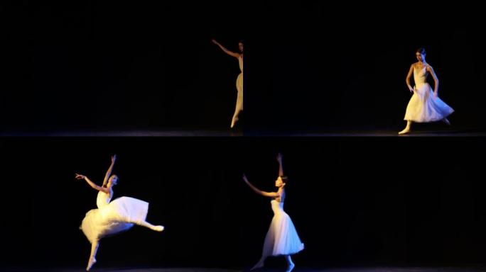 大杰特·图尔南特。优雅的芭蕾舞演员穿着优雅的白色连衣裙跳跃，在黑暗的背景上跳舞。美的概念、柔情、成就