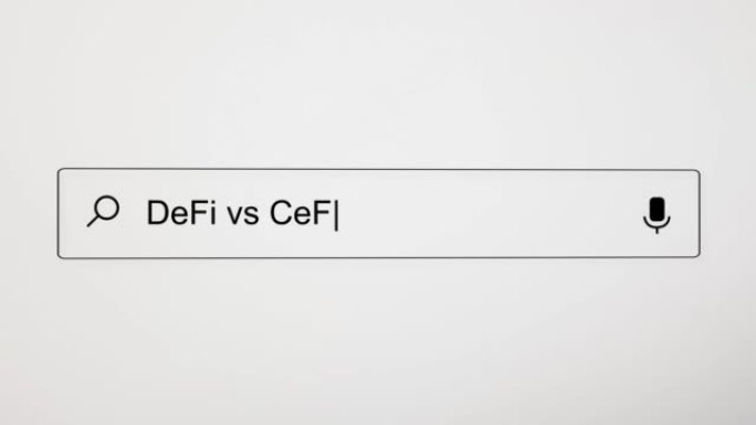 在PC屏幕上的Internet搜索引擎Web浏览器中搜索 “DeFi vs CeFi”。4k分辨率。