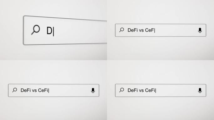 在PC屏幕上的Internet搜索引擎Web浏览器中搜索 “DeFi vs CeFi”。4k分辨率。