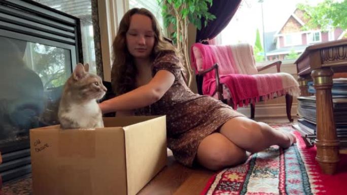 一个十几岁的女孩正在抚摸一只灰色的虎斑猫，它在左侧壁炉附近的盒子里。右边的摇椅上的洋娃娃和红地毯。房