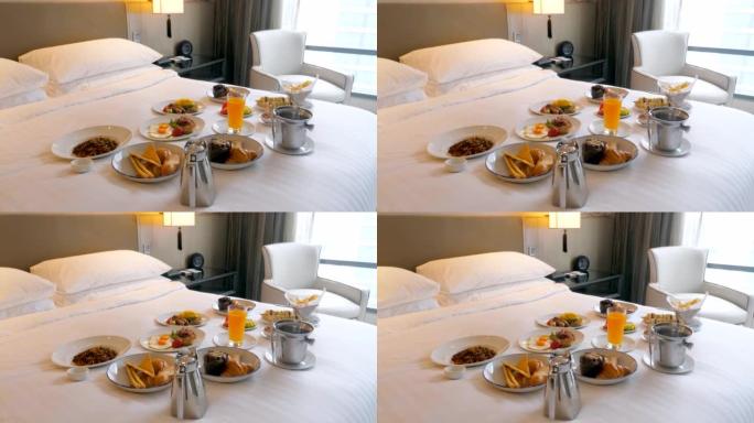 酒店床上早餐。现代豪华度假村的客房服务