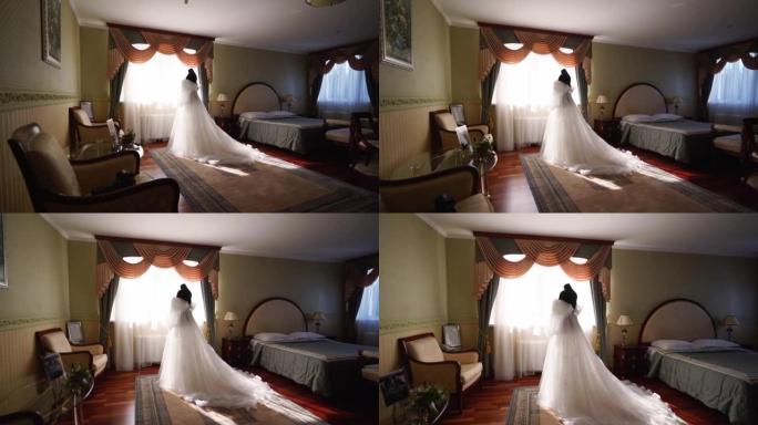 新娘房间里的模特假人上优雅奢华的白色婚纱。