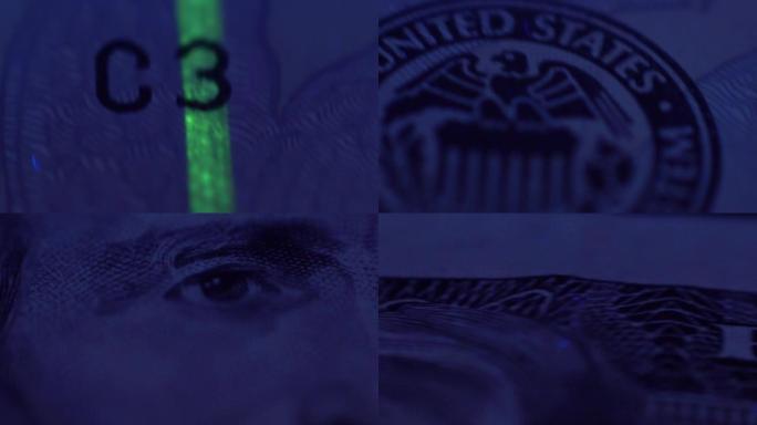 一百美元钞票的极端特写平面图。紫外线探测器灯下的美国钞票。揭示假钞概念。