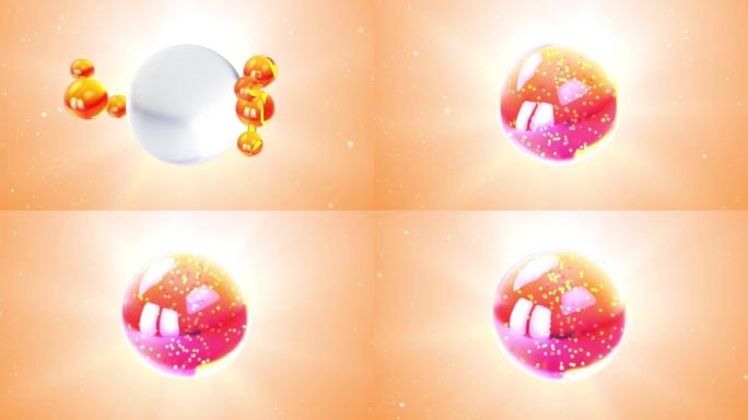 3D动画护肤黄金维生素胶原蛋白。原子分子飞入血清霜软球。